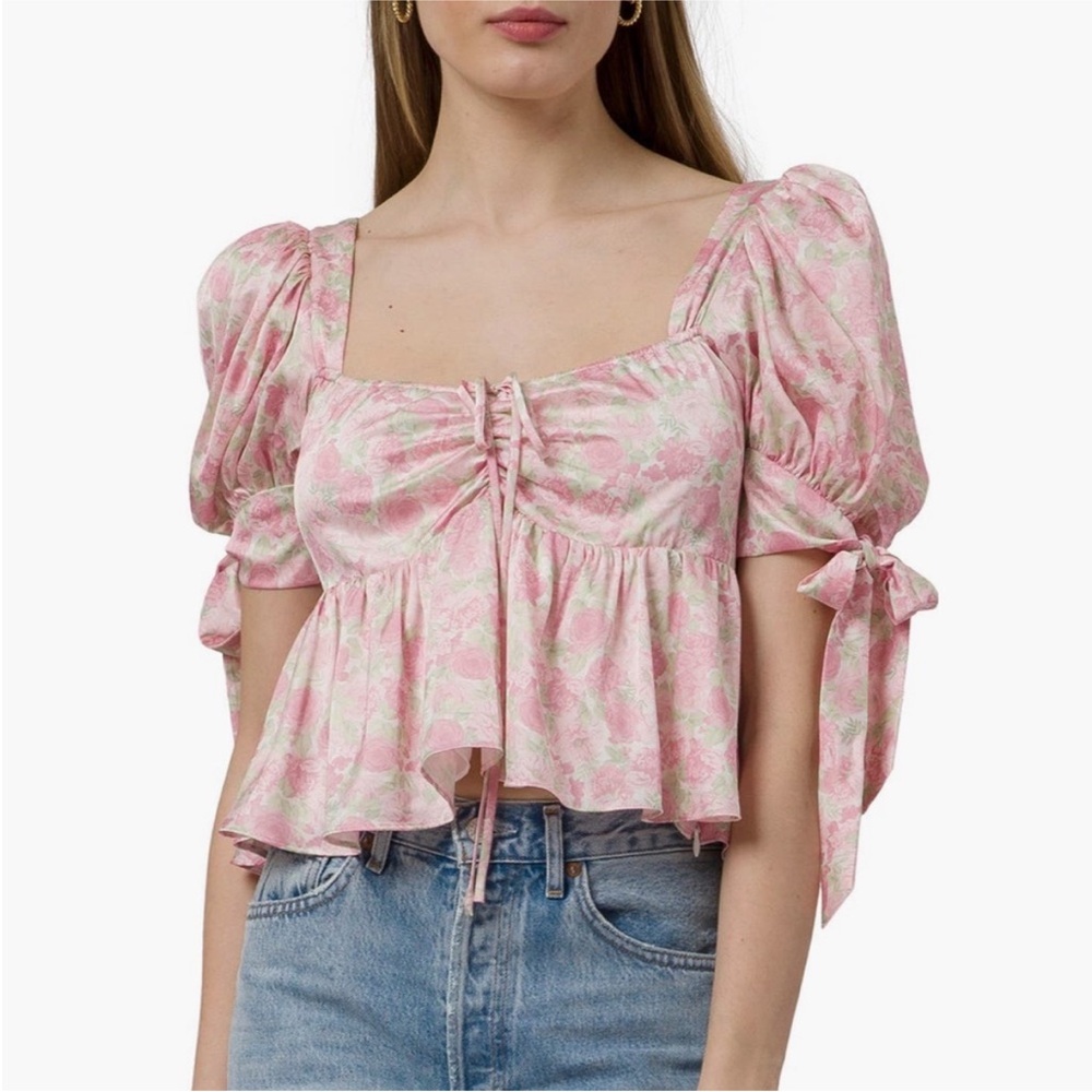 Wayf Pink Floral Puff-Sleeve Tie-Front Peplum Top